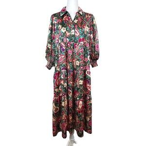 Umgee Paisley Satin Midi Dress M Jewel Tone Tiered Balloon Sleeve Boho Boutique